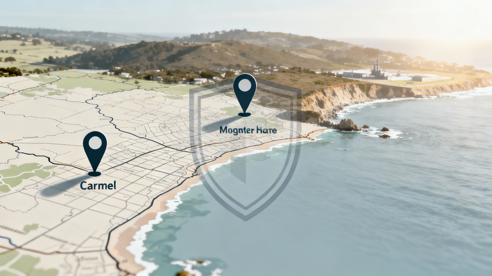 A beautiful home in Monterey, CA, with a well-kept lawn and a view of the coastline.