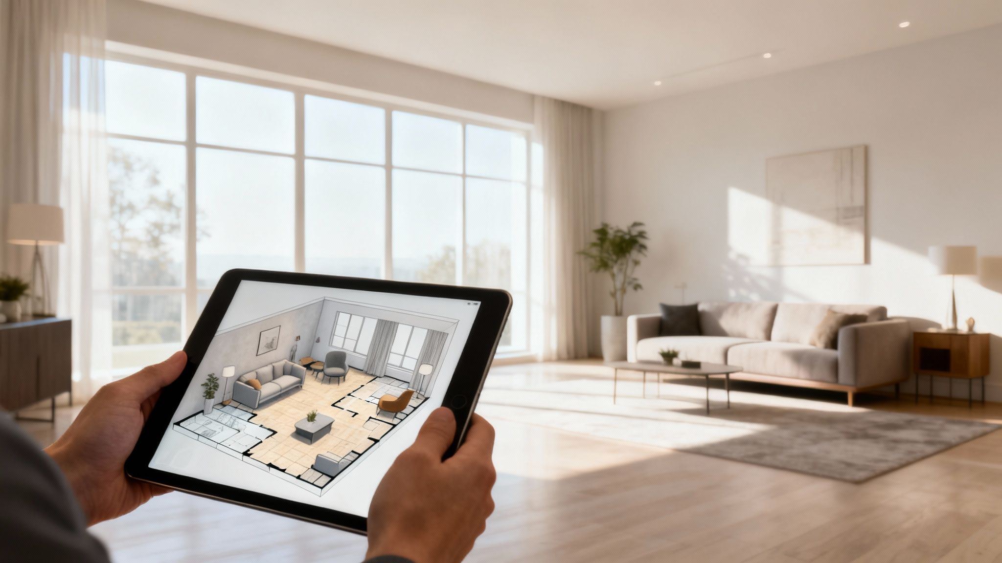 Hands hold a tablet showing a 3D floor plan and rendering of a living room, conceptualizing property upgrades.