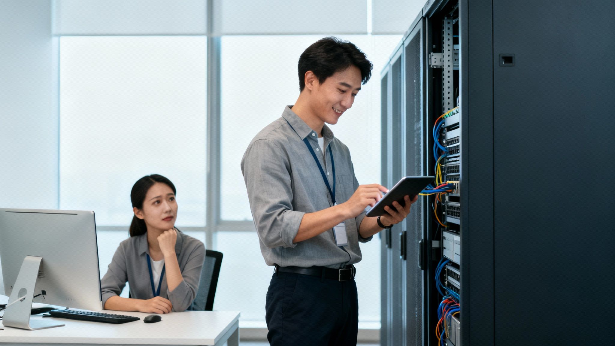 A smiling IT professional consults with a small business owner in a bright, modern office.
