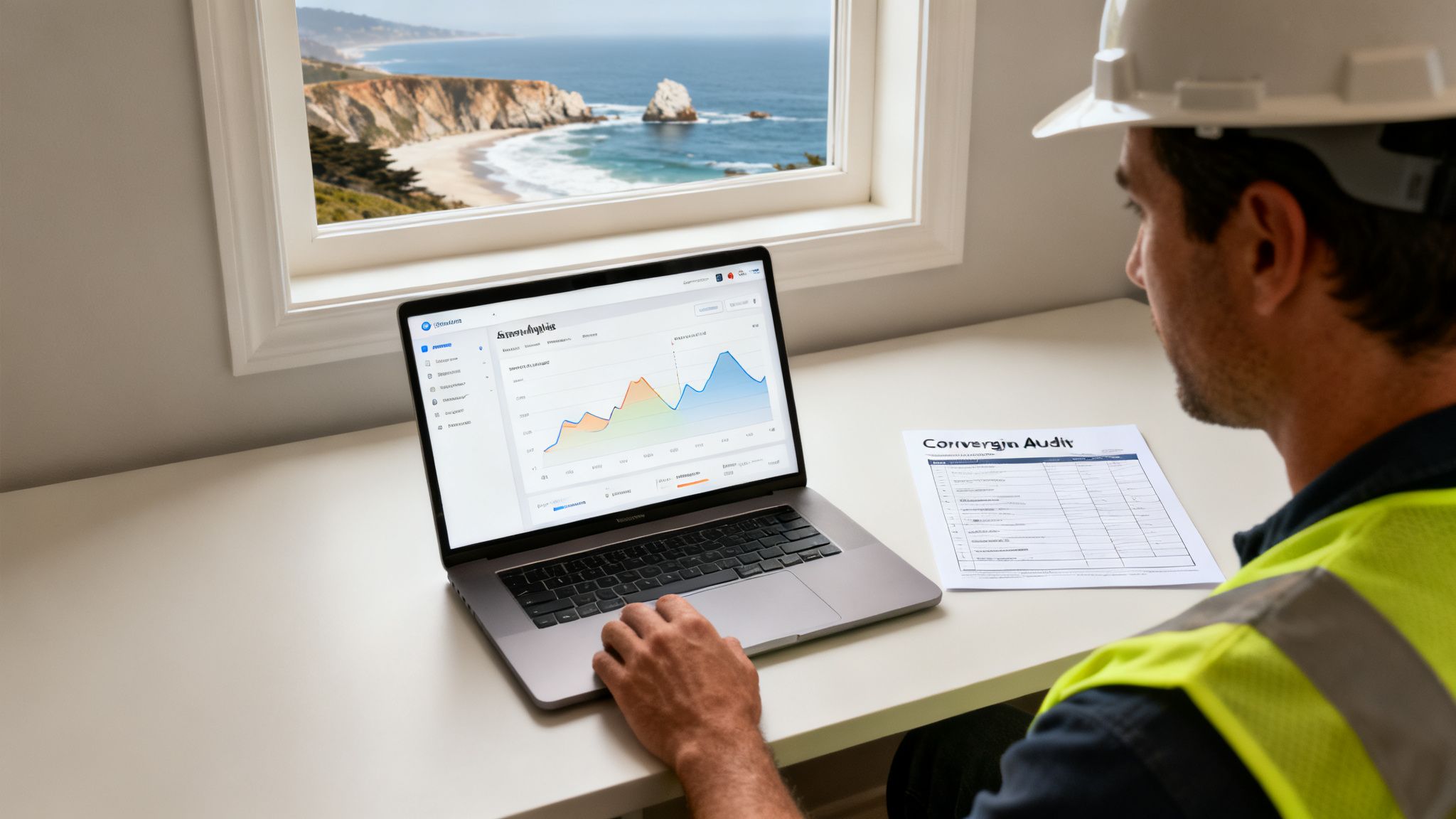 A construction worker reviews website analytics on a laptop and a conversion audit document, with an ocean view.