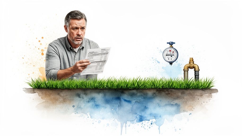 A worried man reviews a water bill next to a water meter and underground pipes, depicting irrigation problems.
