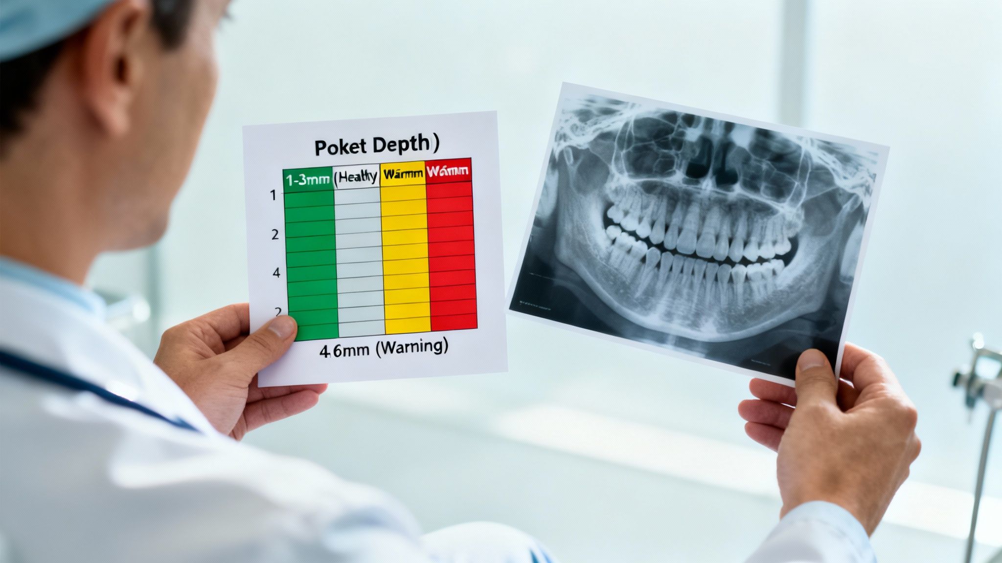 Dentist holding a periodontal pocket depth chart and a panoramic dental X-ray for diagnosis.