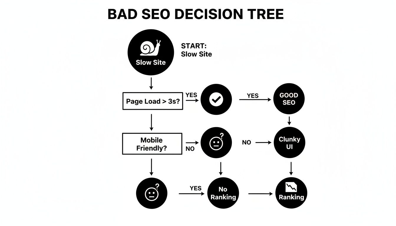Flowchart illustrating a bad SEO decision tree, evaluating page load and mobile friendliness outcomes.