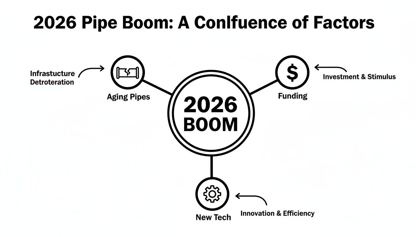A diagram illustrating the 2026 Pipe Boom, driven by aging pipes, new tech, and funding.