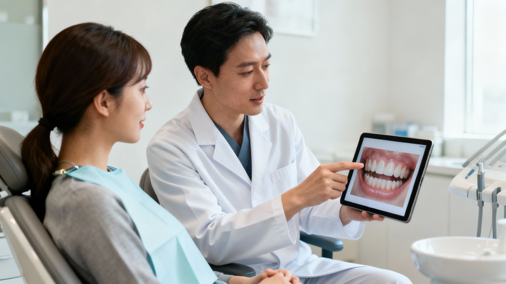 A male dentist explains healthy teeth to a female patient using a tablet in a clinic.
