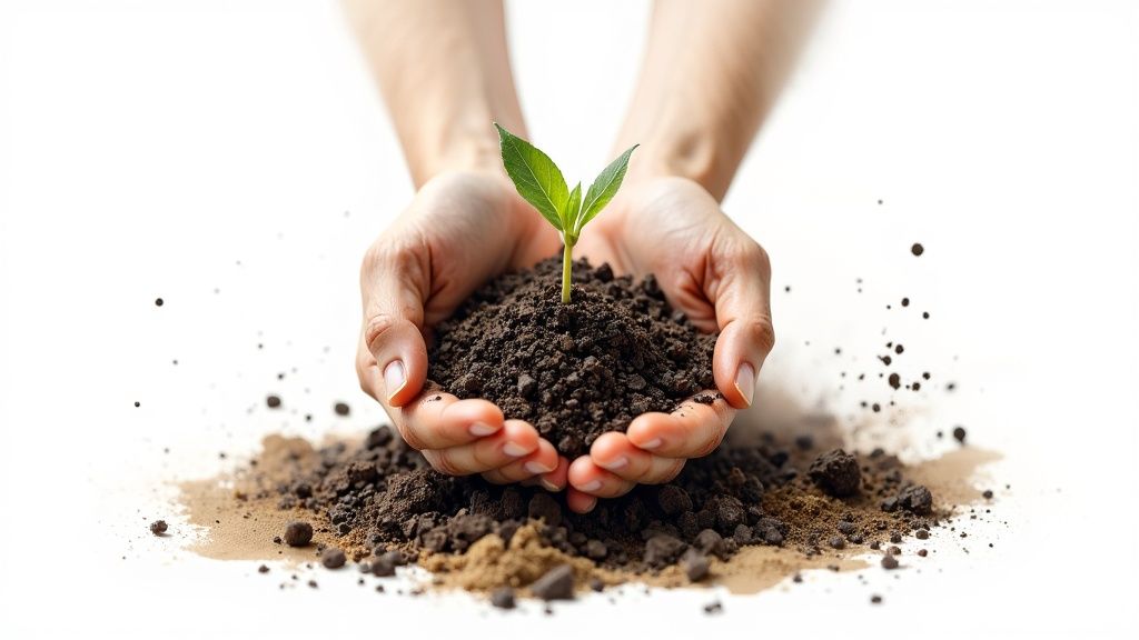 Hands gently cup a small green plant in rich soil, symbolizing growth and care.