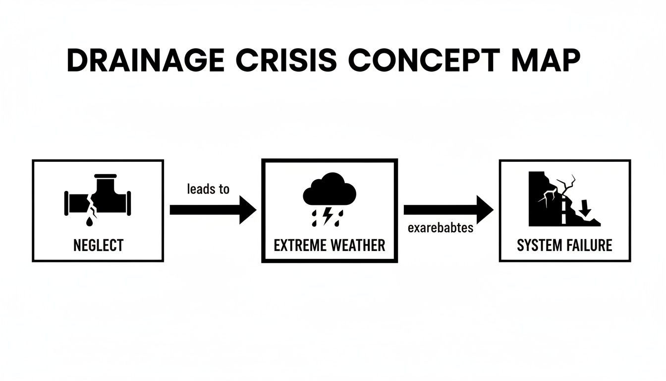 Concept map showing how neglect leads to extreme weather, exacerbating drainage system failure.