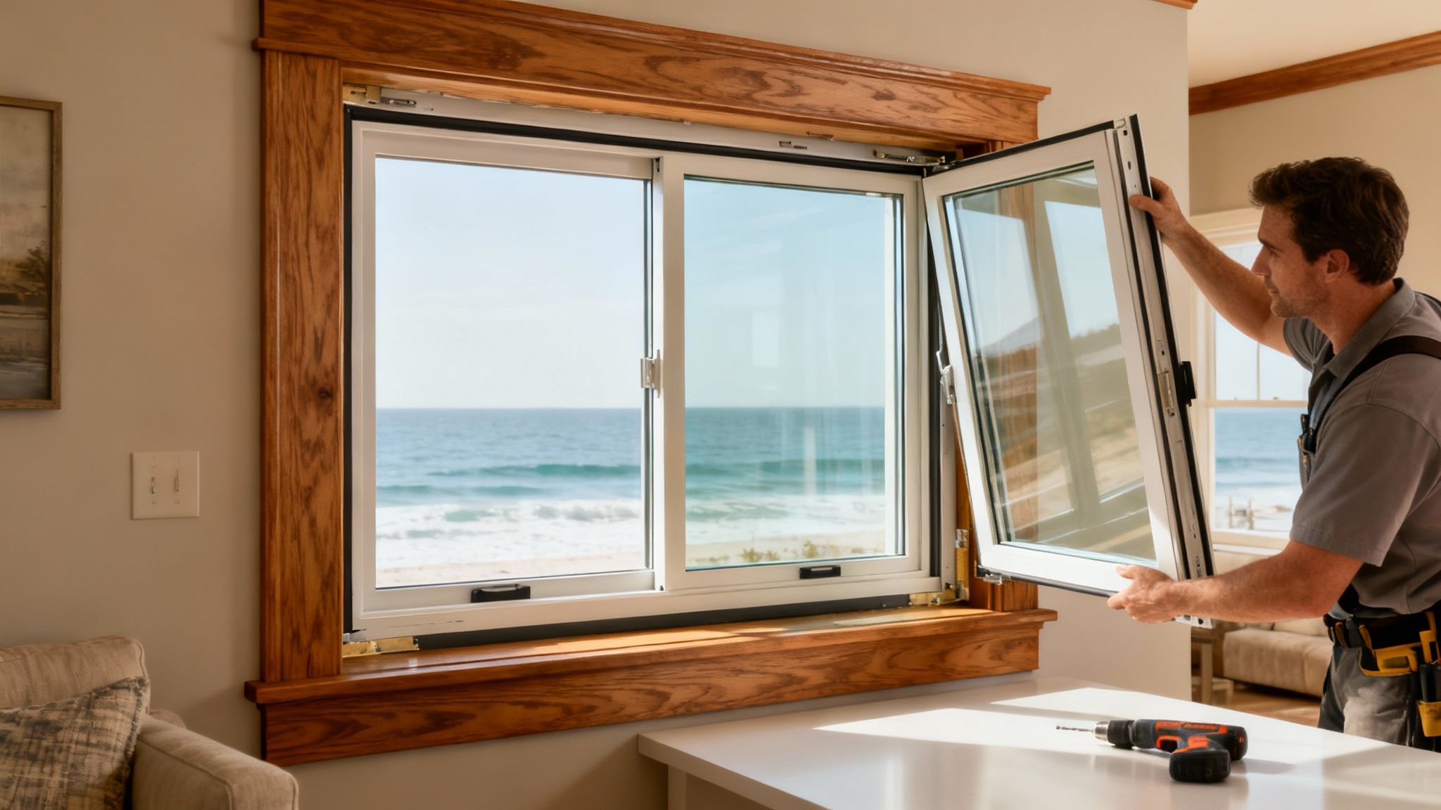 A man installs a white window frame with an ocean view, a drill lies on the counter.