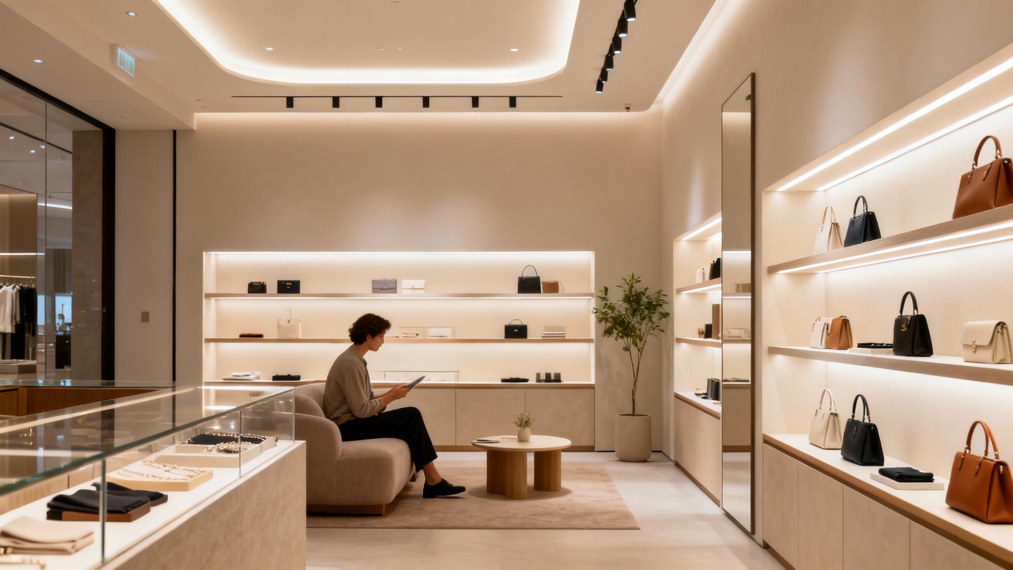 A man sits on a sofa, looking at a tablet, in a brightly lit luxury store with handbags and accessories.