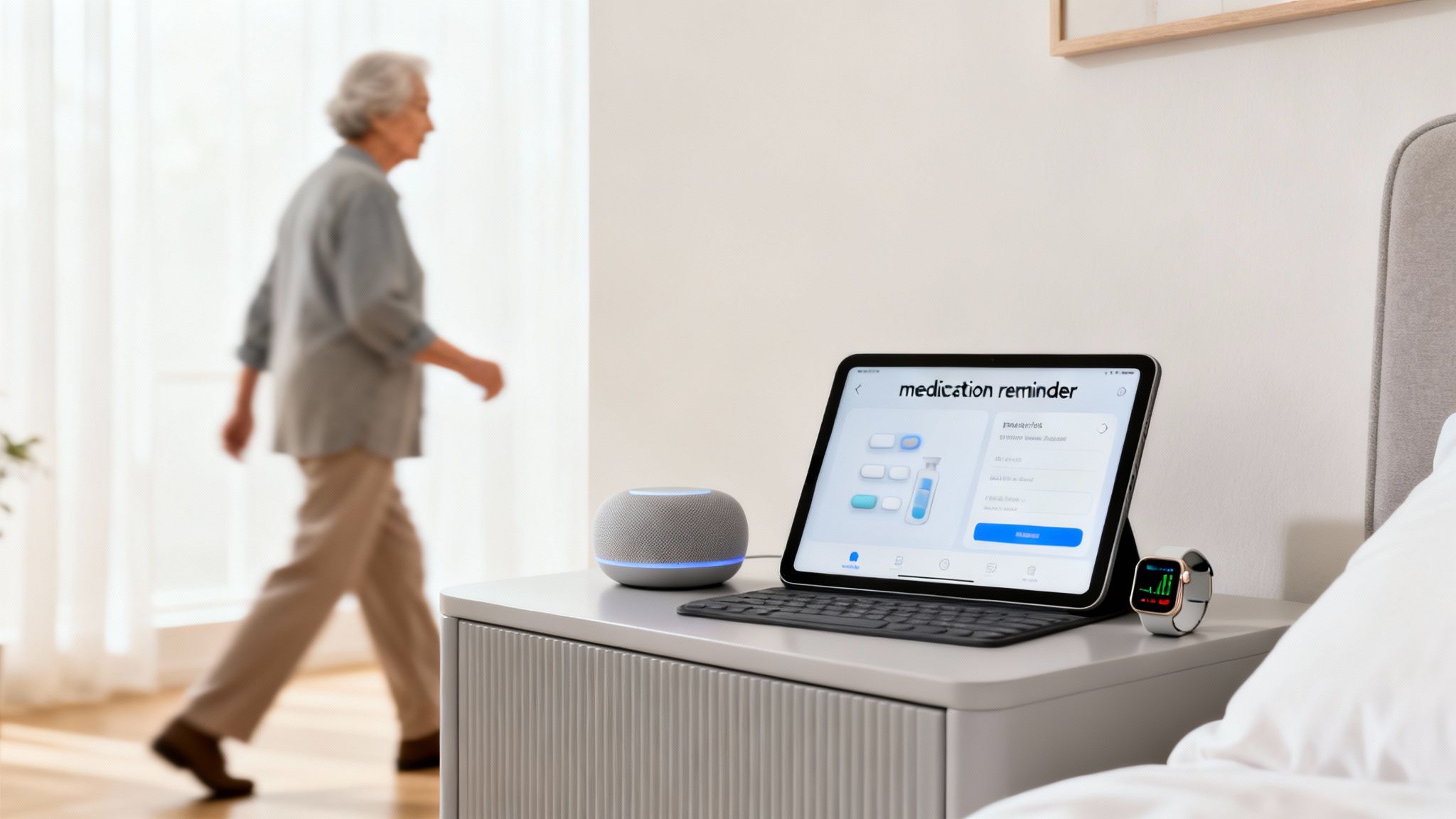 An elderly woman walks past a bedside table with a tablet showing a medication reminder app, smart speaker, and smartwatch.