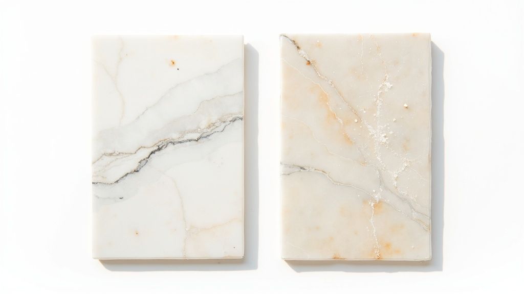 Two rectangular marble samples, one white-grey and one creamy-orange, showcasing different natural stone patterns.