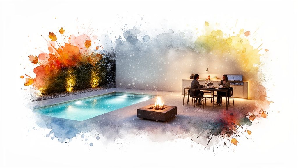 An outdoor living space featuring a pool, a fire pit, and an outdoor kitchen with two people.