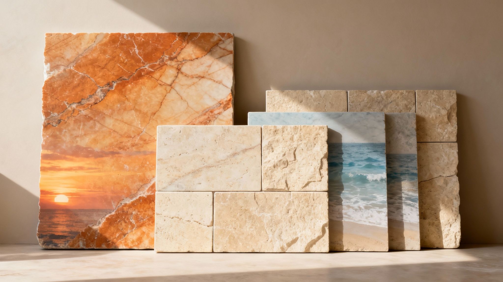 Natural stone patio with warm tones flowing from an indoor living space