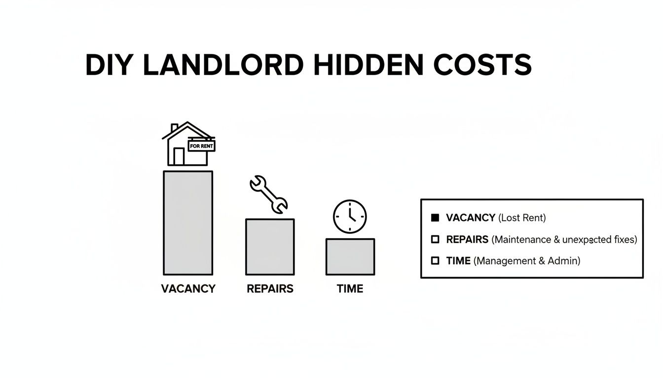 An infographic illustrating hidden costs for DIY landlords: vacancy, repairs, and time management.