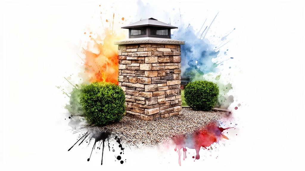 A decorative stone pillar between two green bushes, surrounded by colorful watercolor splashes.