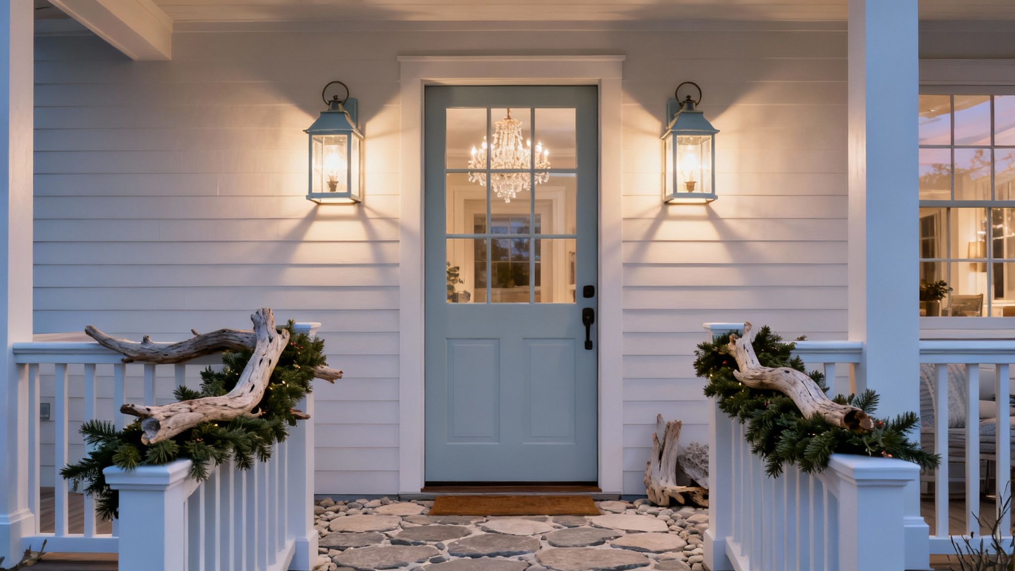 A bright and welcoming entryway with a large chandelier and festive decorations.