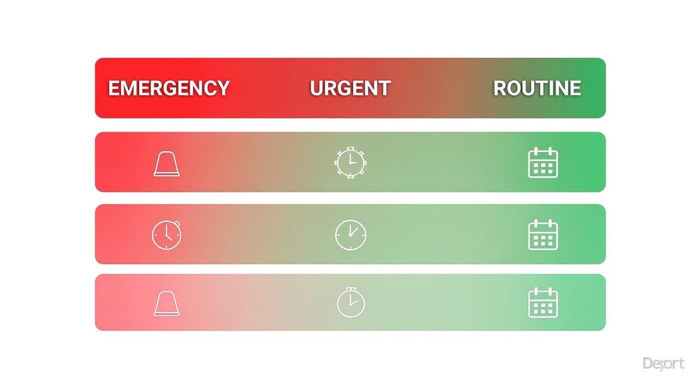 A graphic displaying task priority levels: Emergency (siren), Urgent (stopwatch), and Routine (calendar).