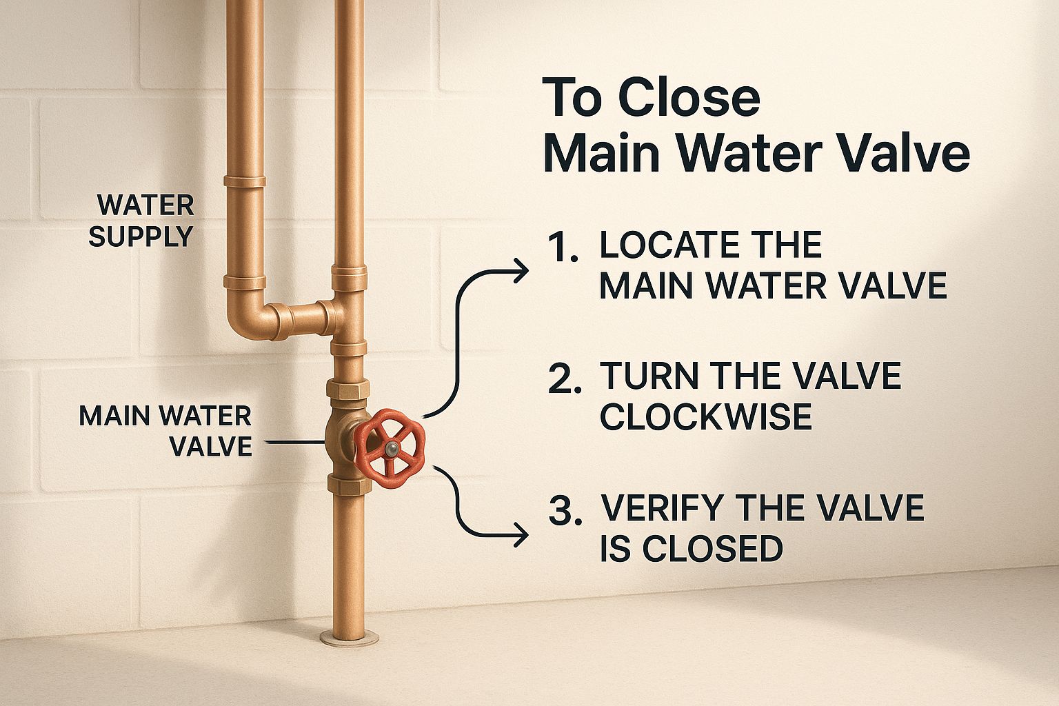 Infographic showing a main water valve in a basement corner with labeled pipes.
