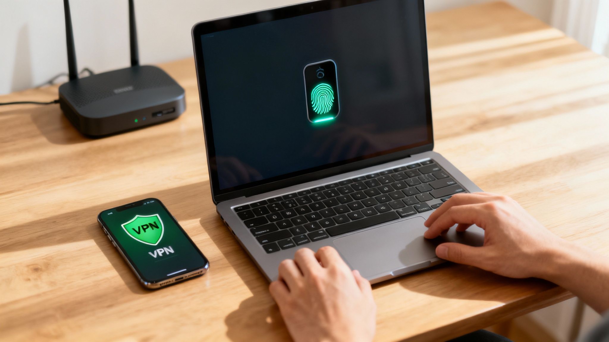 A person working on a laptop in a modern, secure home office setting, with a subtle overlay of a digital shield icon.