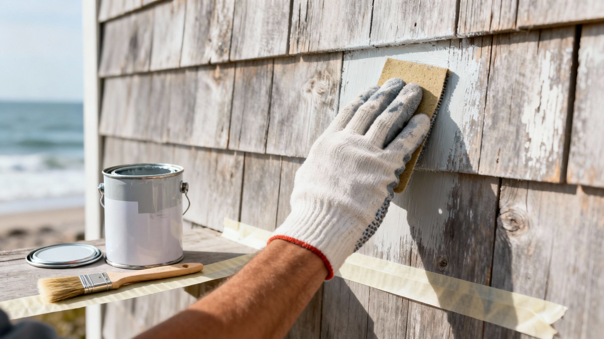 A gloved hand sands a weathered wooden shingle wall next to a paint can by the ocean.