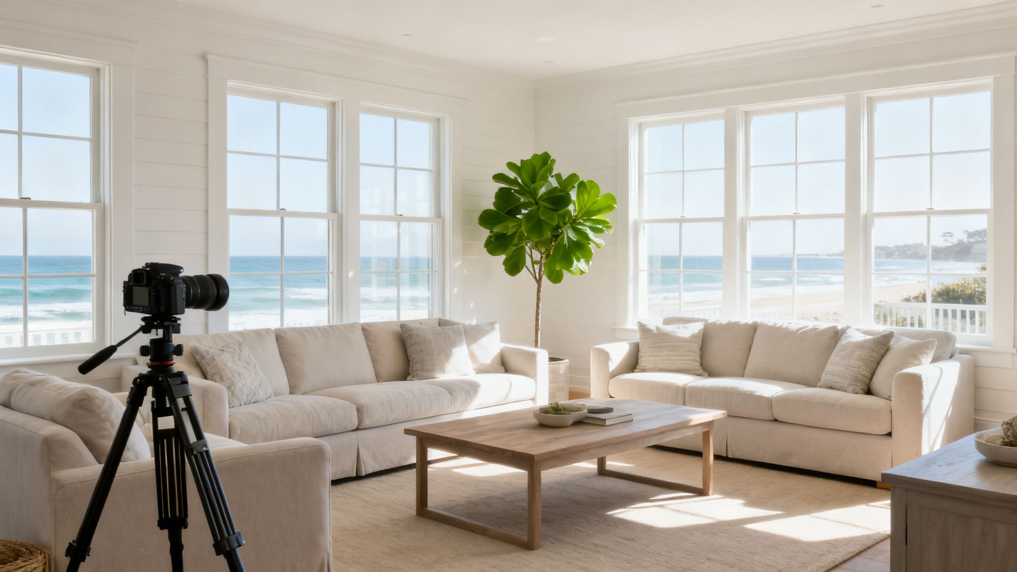 Bright, spacious living room with ocean views, comfortable light-colored sofas, and a wooden coffee table.