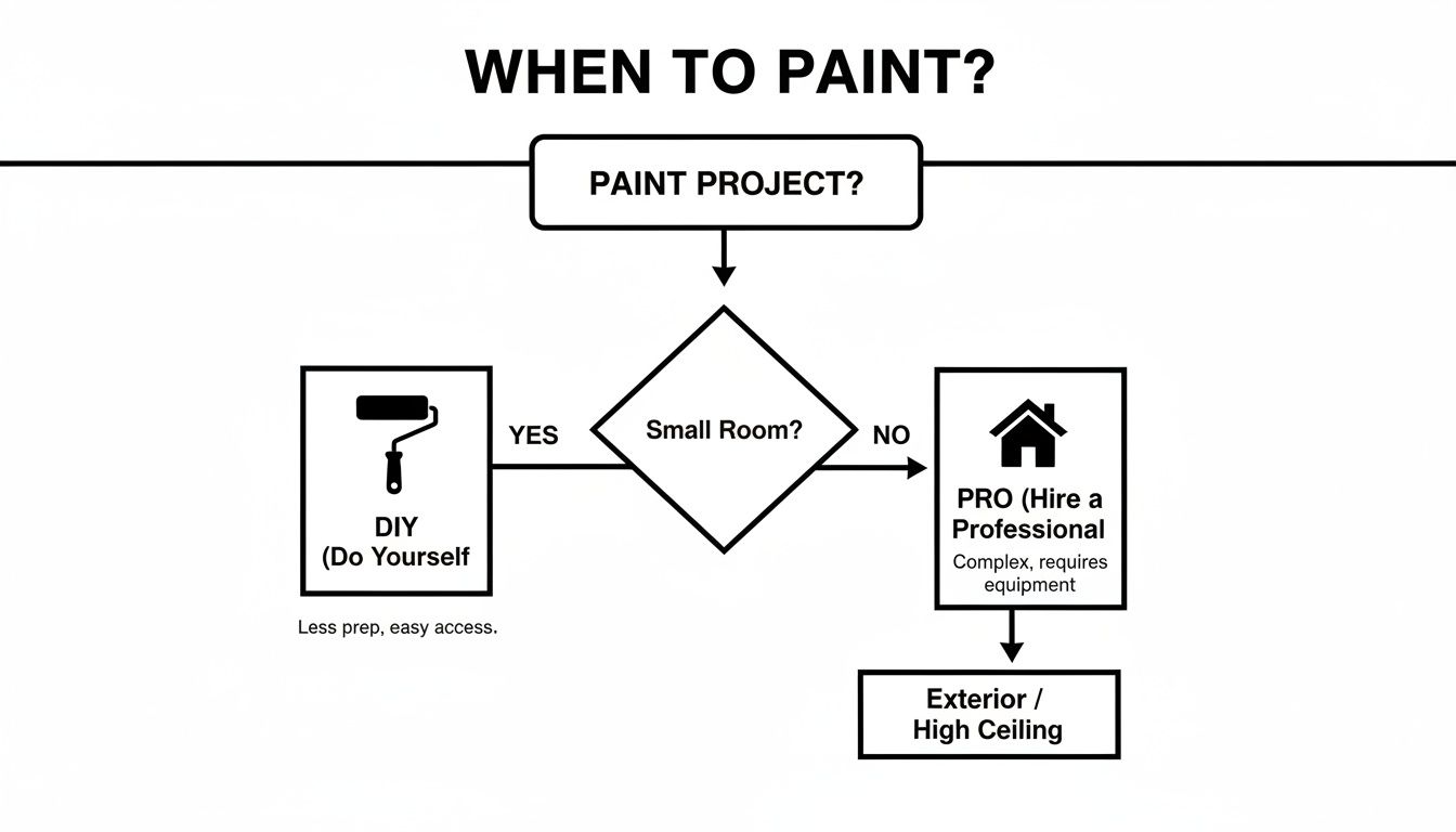 A flowchart guides whether to DIY or hire a professional painter based on project size and complexity.