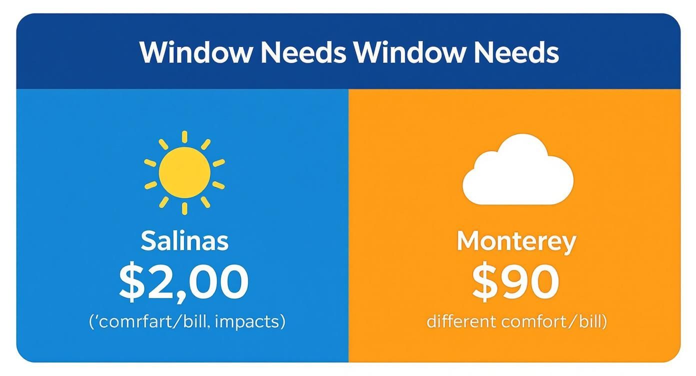 Infographic comparing the different window needs for homeowners in Salinas and Monterey, highlighting the impact on comfort and energy bills.