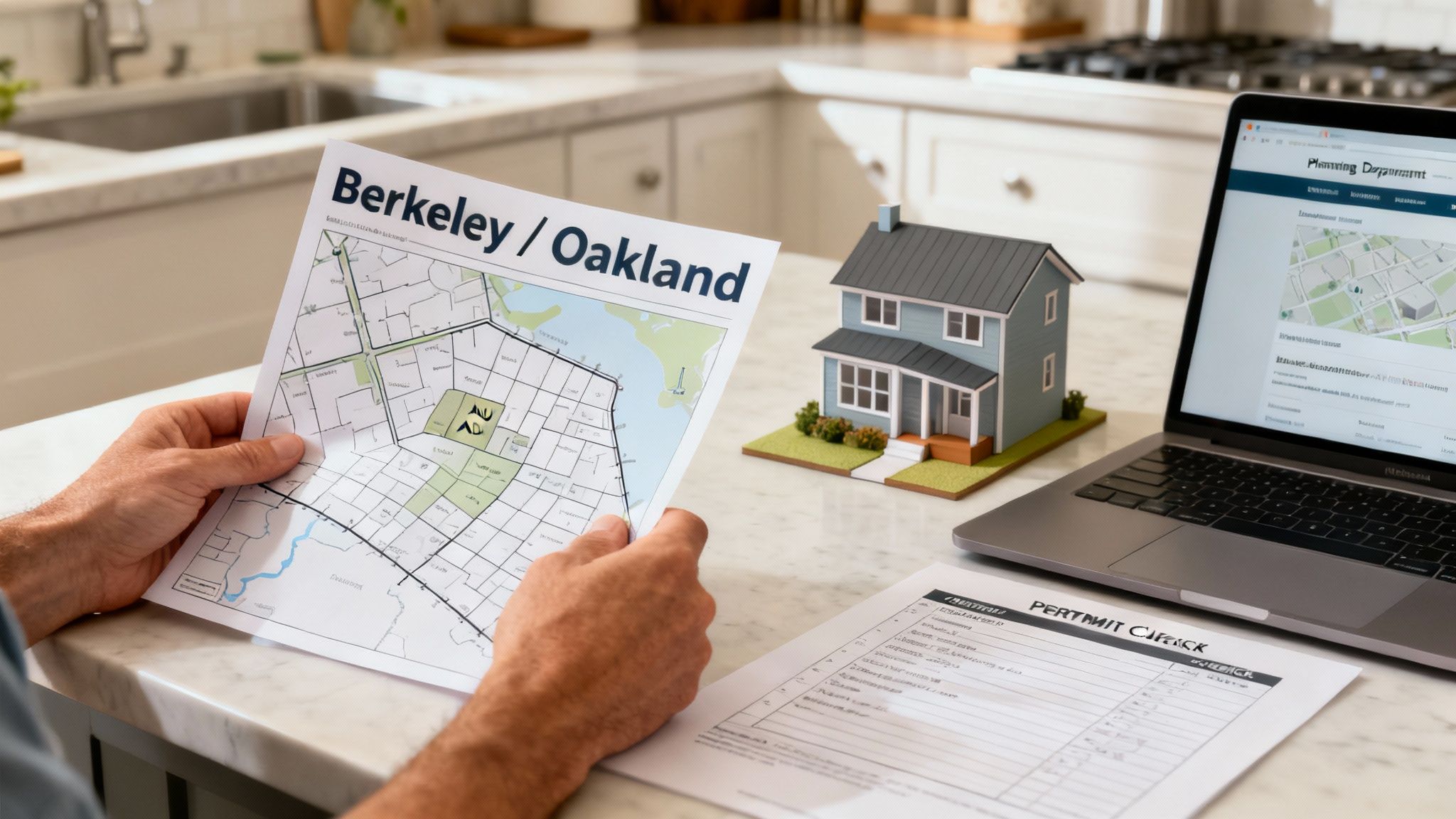 A blueprint of an ADU design laid out on a wooden table with drafting tools.