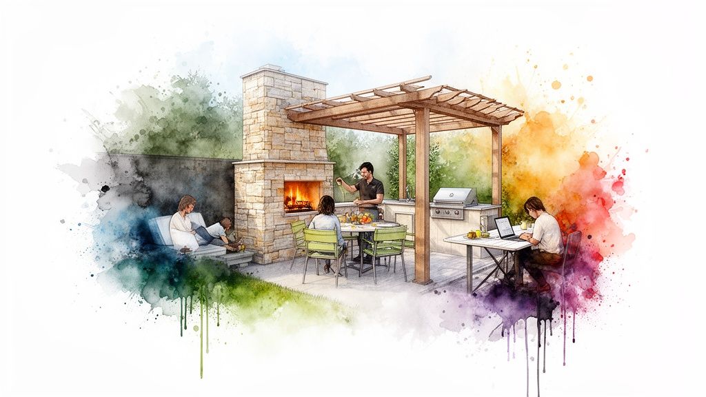 Vibrant watercolor sketch of an outdoor living area with fireplace, grill, and people enjoying leisure and work.
