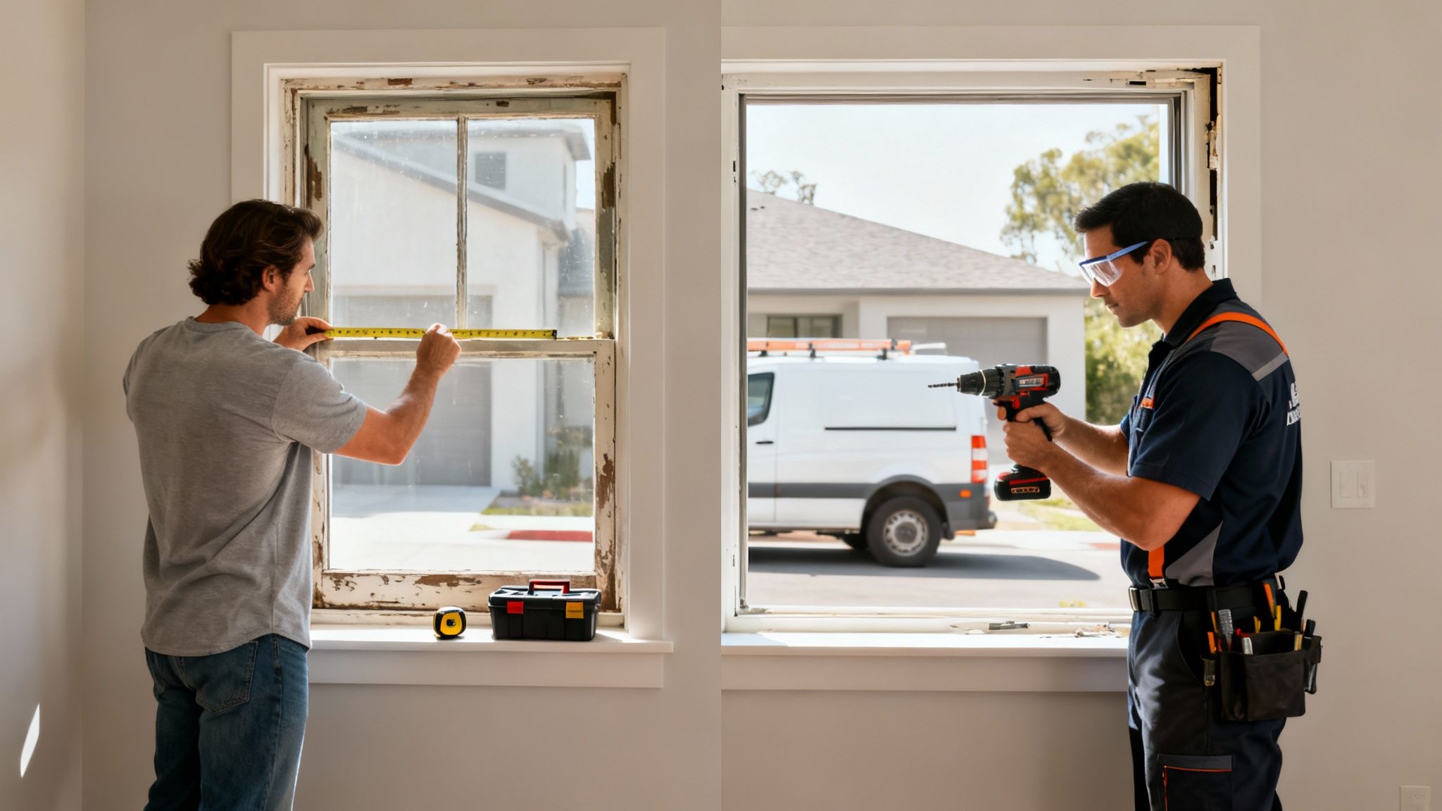 Two workers installing windows, one measuring an old frame, the other using a drill on a new one.