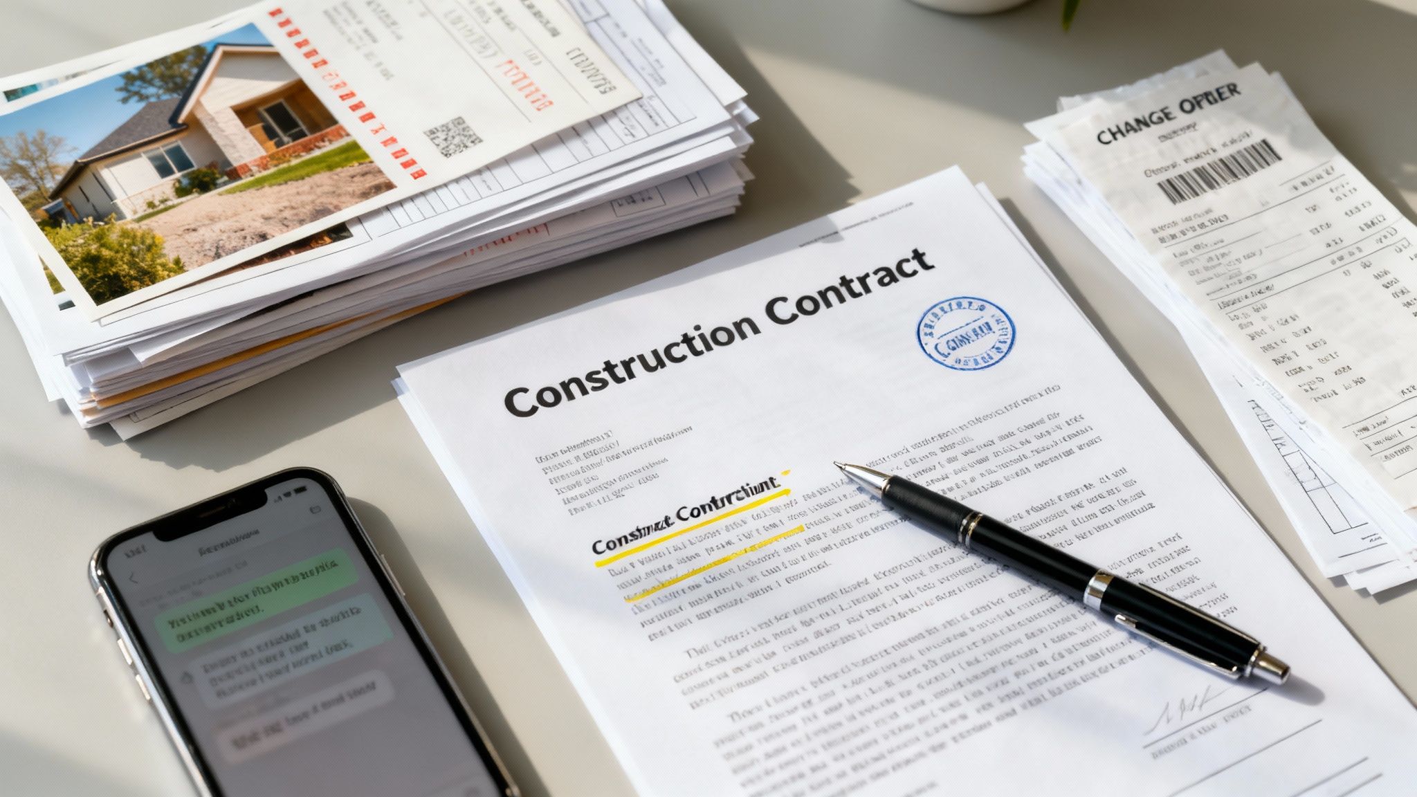A construction contract with a pen, stacked documents, and phone on a desk.