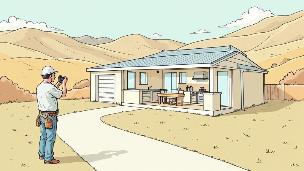 A contractor filming a recently completed kitchen remodel on their smartphone for a short video.