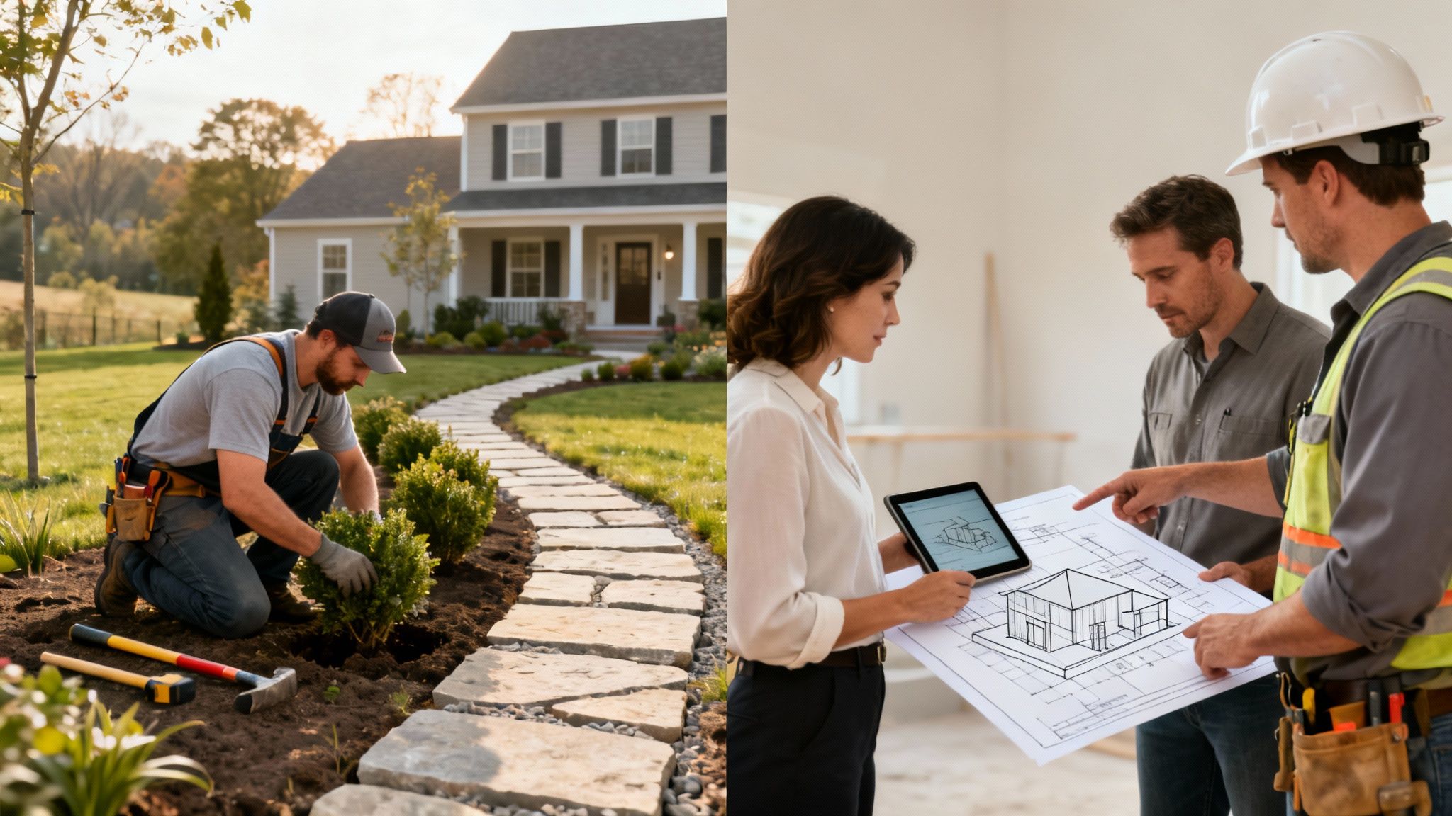 A landscaper plants shrubs in front of a house, while construction professionals discuss blueprints.