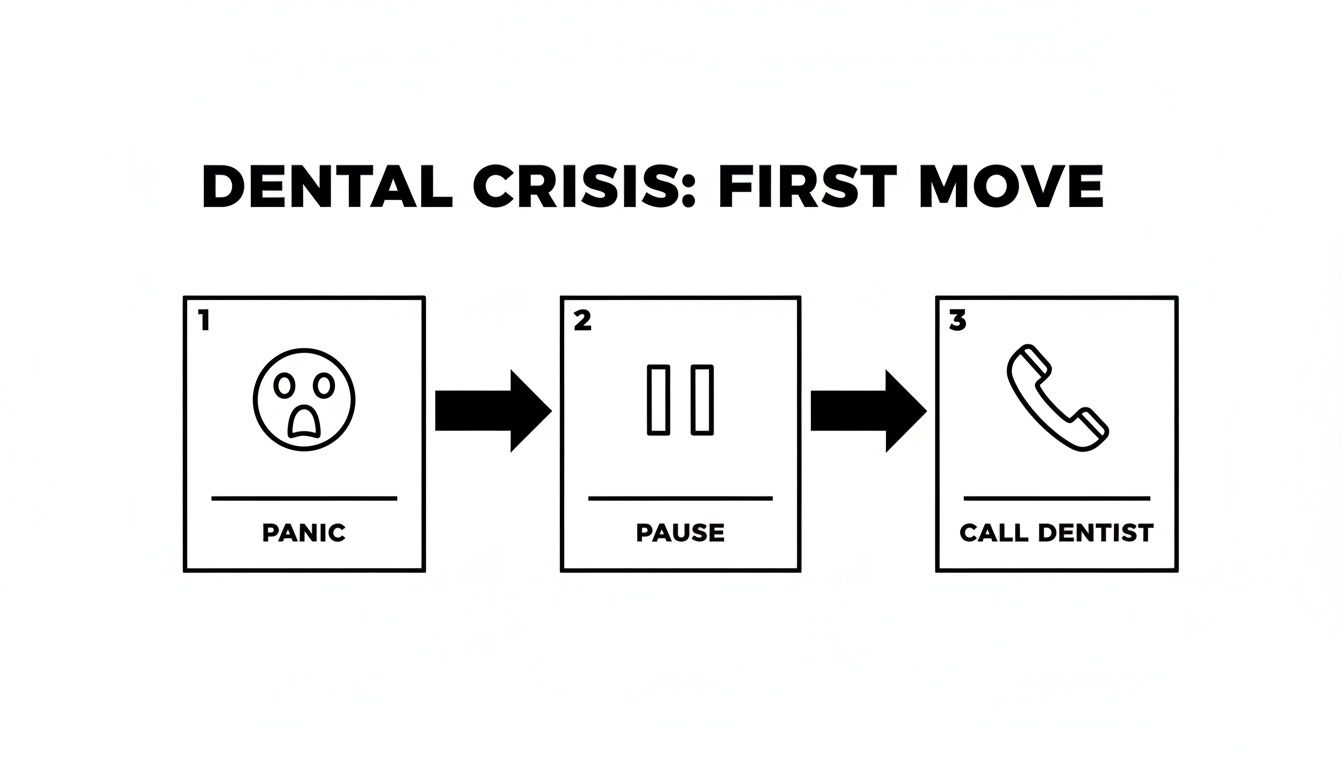 A simple 3-step flowchart illustrating how to handle a dental crisis: Panic, then Pause, then Call Dentist.