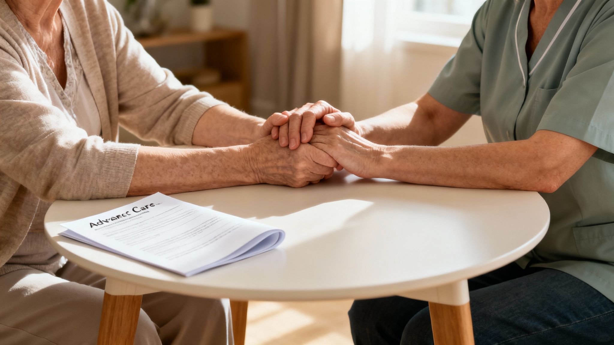 Two people, one elderly, hold hands over an 'Advance Care' document, signifying support.