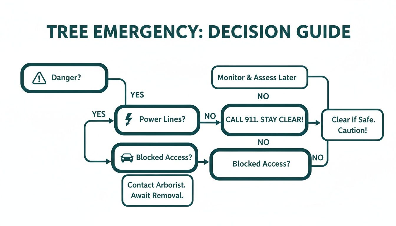 Flowchart decision guide for tree emergencies, addressing danger, power lines, and blocked access scenarios.
