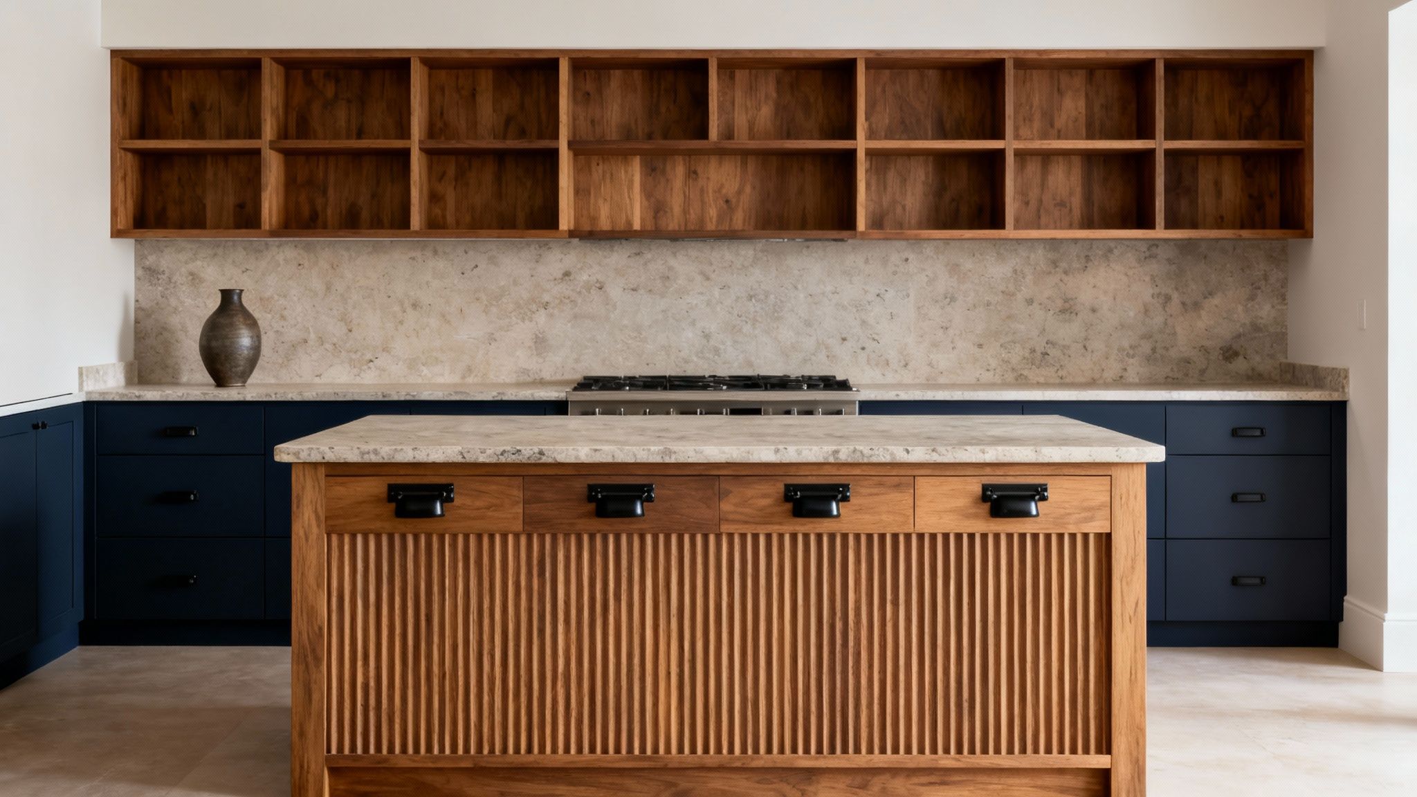 A modern kitchen featuring a wood island, dark blue base cabinets, open wood shelving, and stone backsplash.