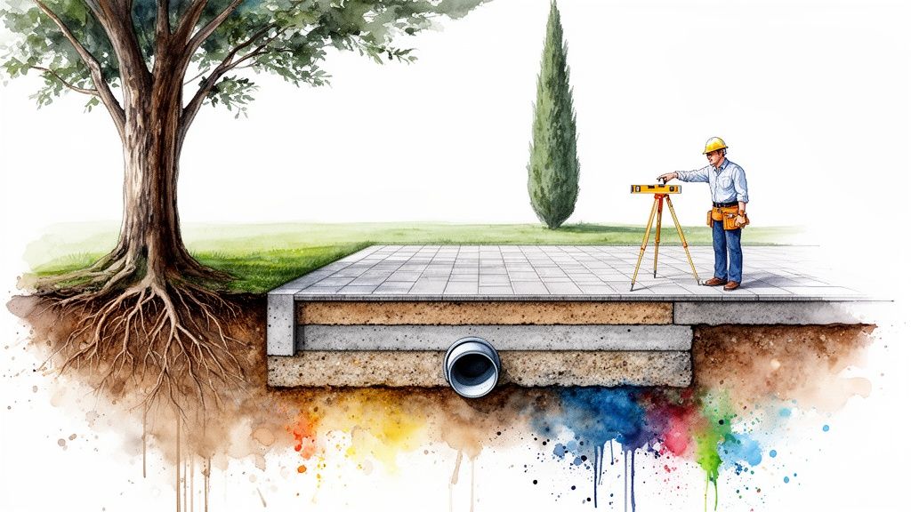 A cross-section illustration of an outdoor paved area with a tree, underground layers, drainage pipe, and a worker using a level.