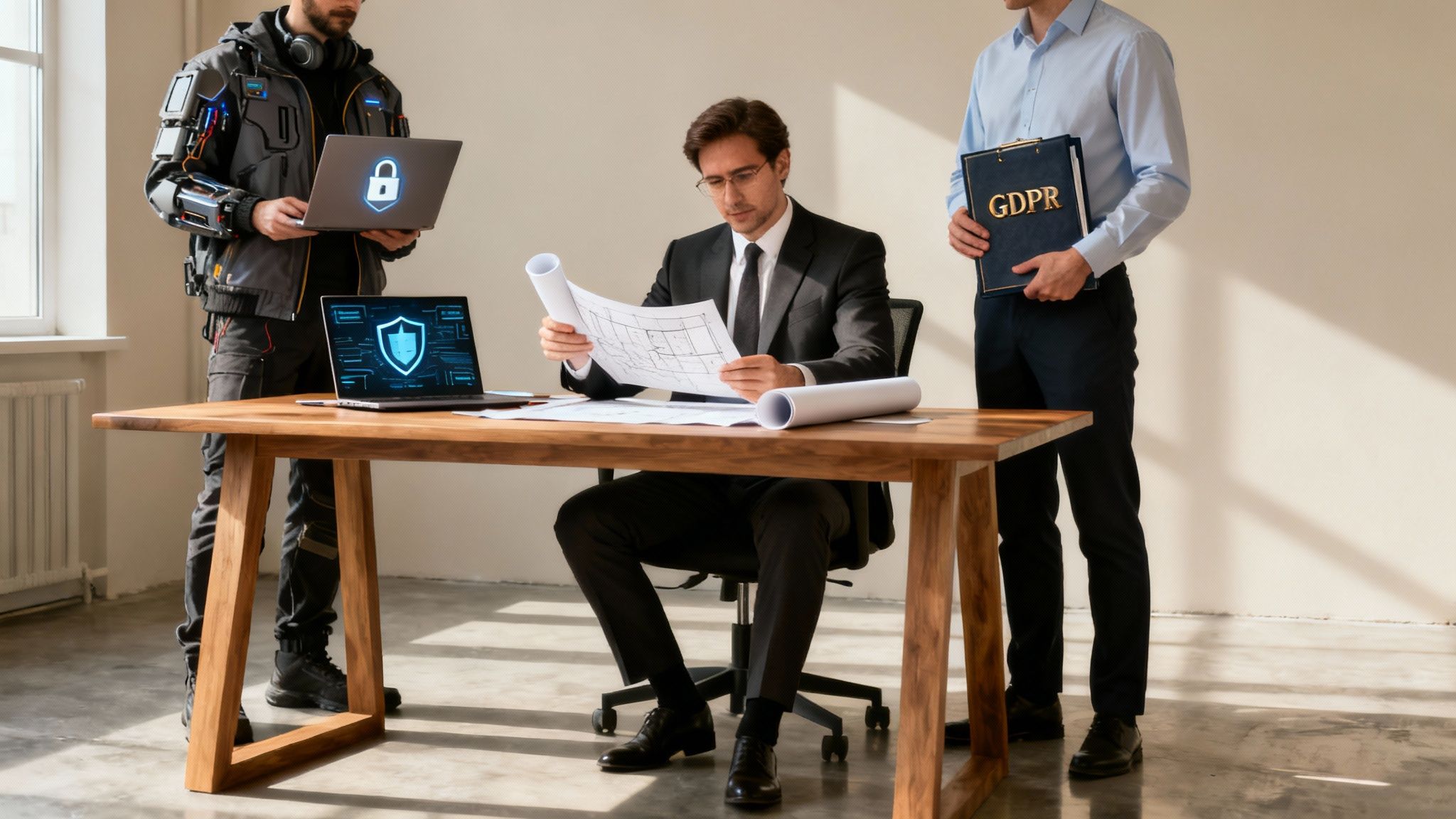 Three men discussing IT security and data protection with laptops displaying security icons and GDPR documents.