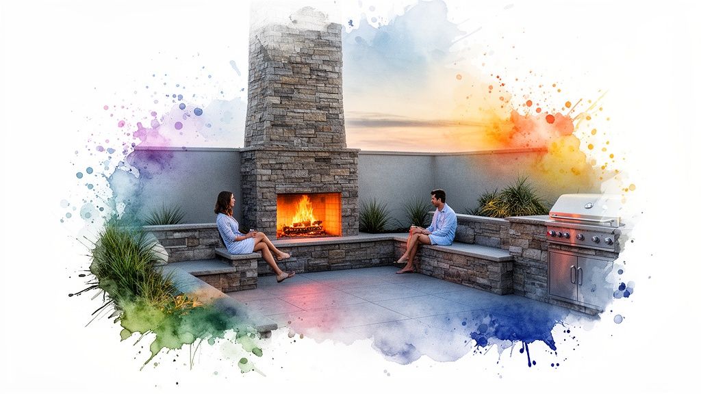 A couple enjoying an outdoor patio with a stone fireplace, grill, and watercolor effects.