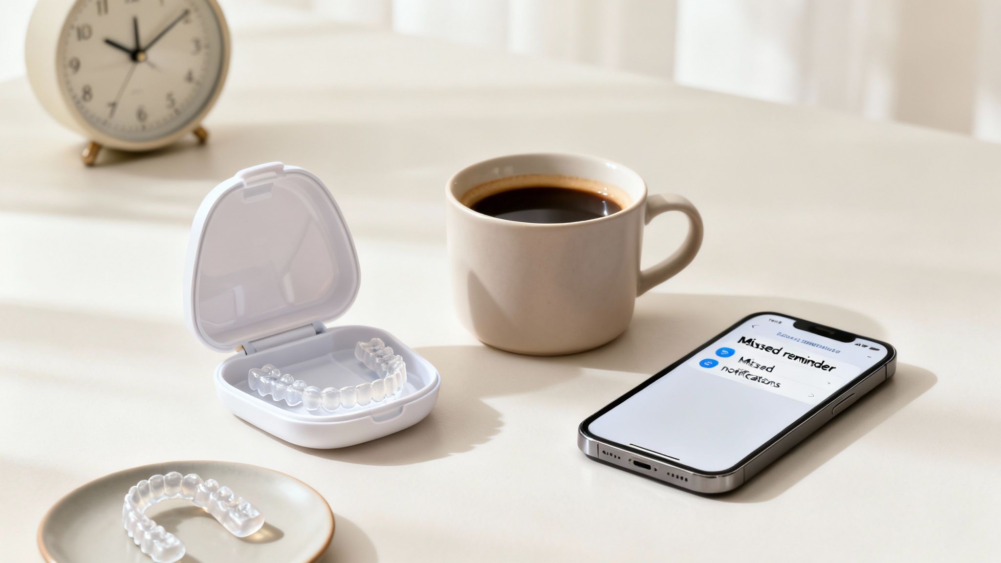 Clear aligners in a case and on a plate, with coffee and a phone showing missed reminders.