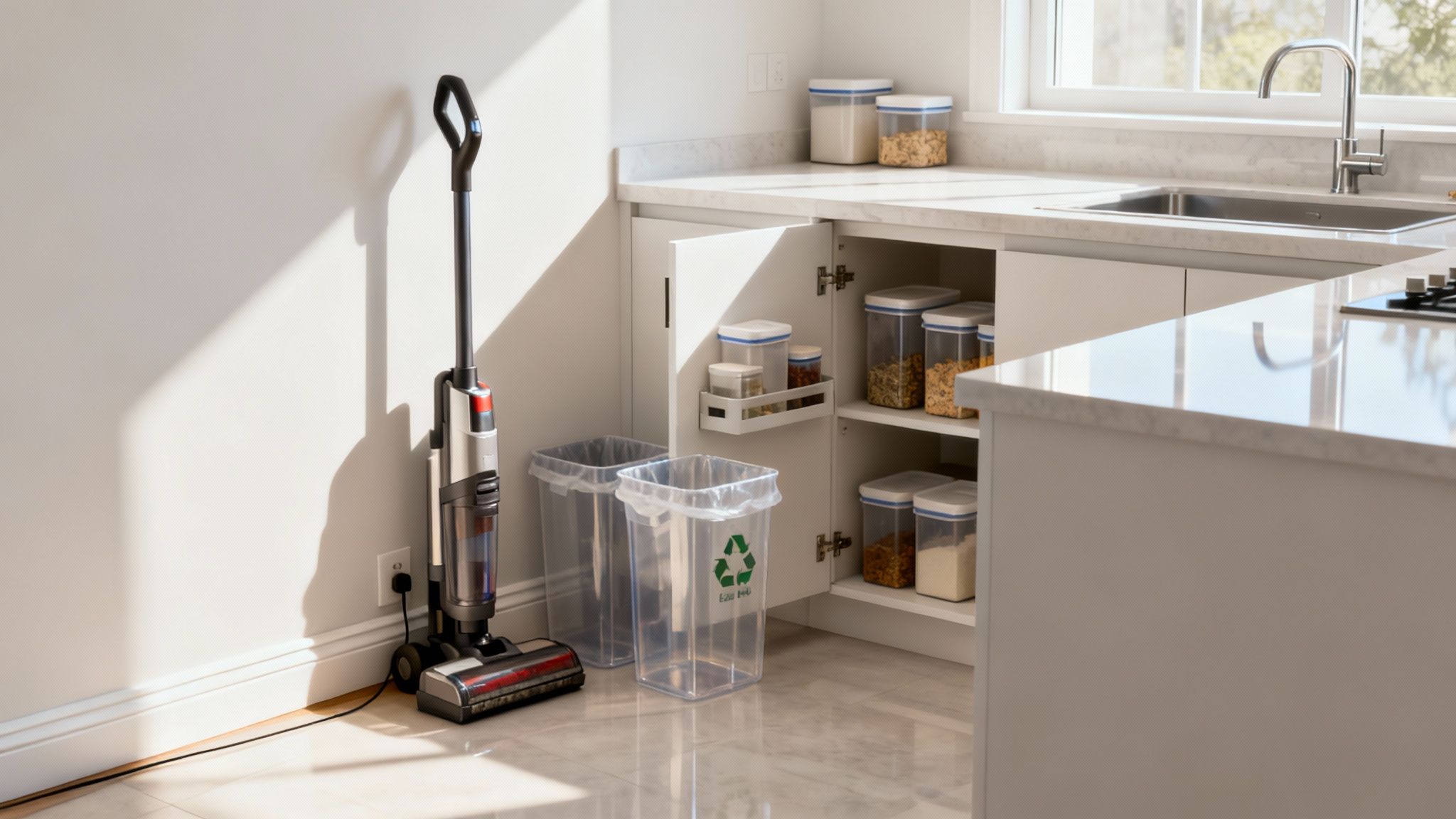 A person deep cleaning a kitchen, focusing on hard-to-reach areas to prevent pests.