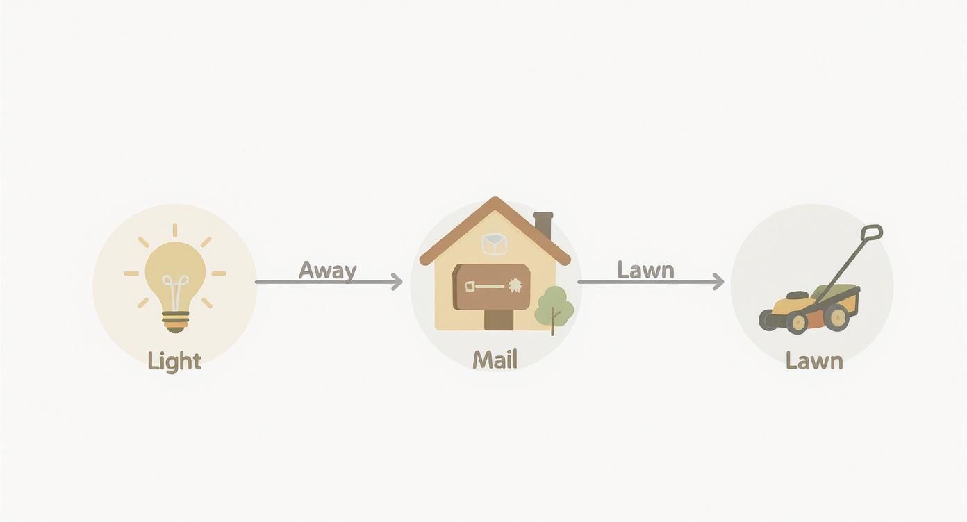 Infographic decision tree showing that if you are away from home, you should manage lights, mail, and lawn care.