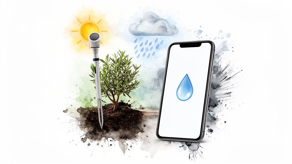 Smart plant care system with a soil sensor, sun, rain, and a watering app on a smartphone.