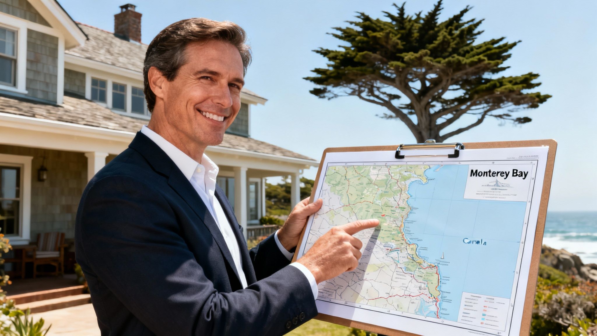 A smiling property manager in a suit points to a map of Monterey Bay with a house and ocean.