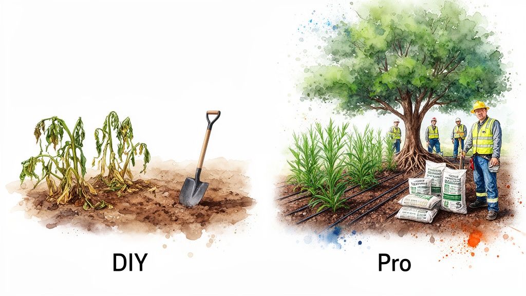 Comparison of dying DIY plants and a shovel with healthy professional crops, irrigation, and landscape workers.