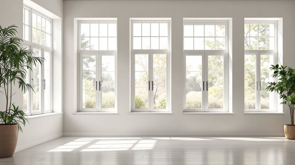 A modern living room with large, high-performance windows overlooking a green landscape, demonstrating energy efficiency.