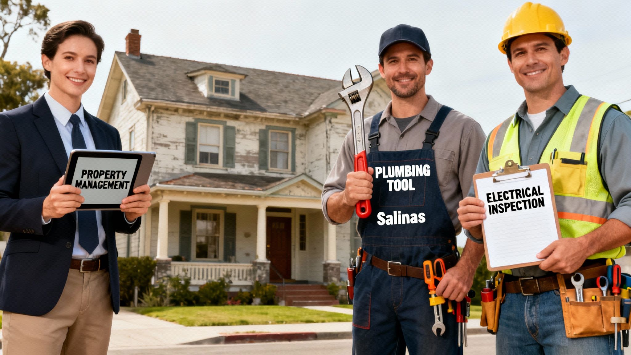 Three smiling men, a property manager, plumber, and electrician, stand in front of a house, representing home services.