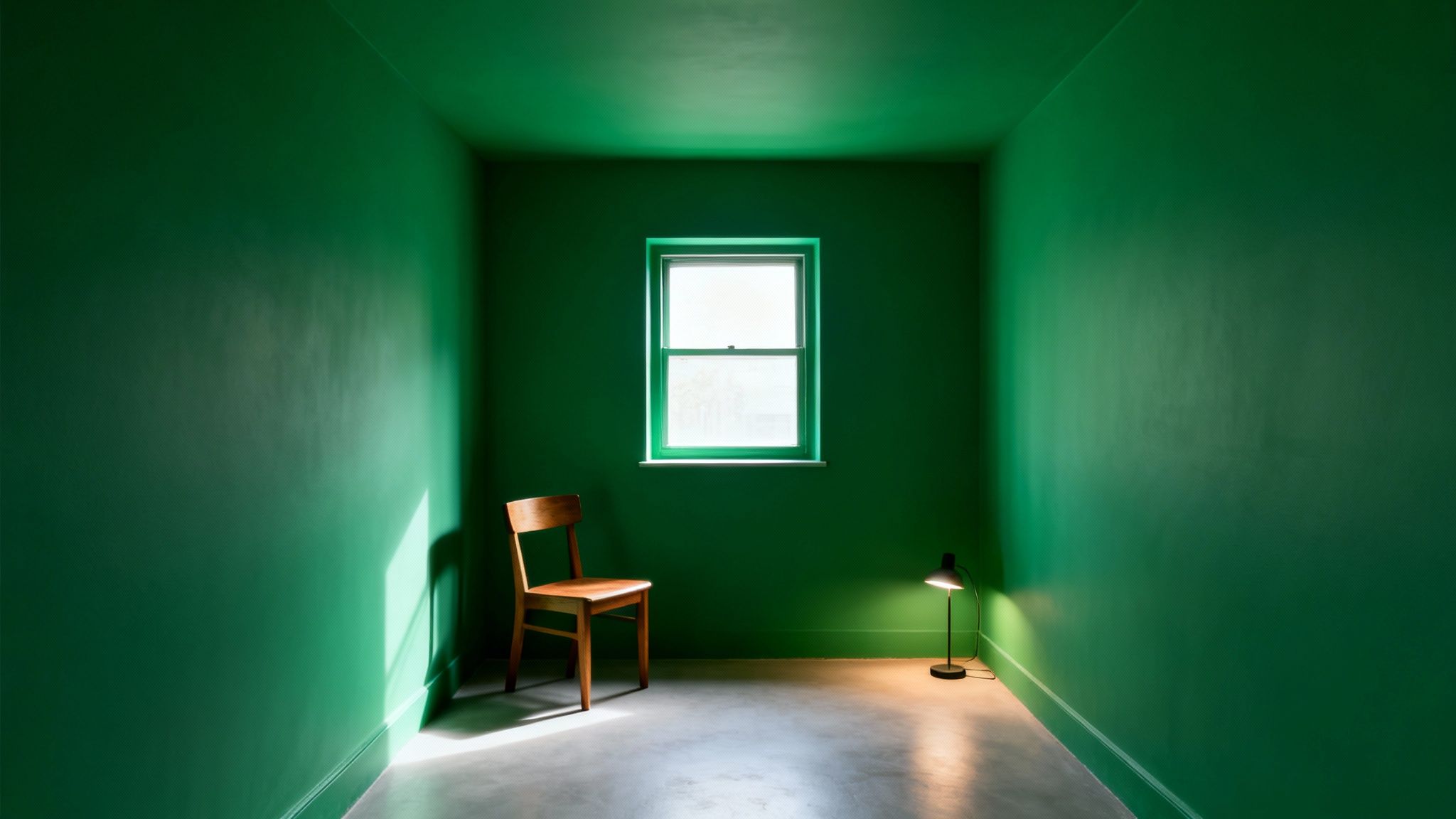 A minimalist room painted entirely in vibrant green with a window, chair, and lamp.