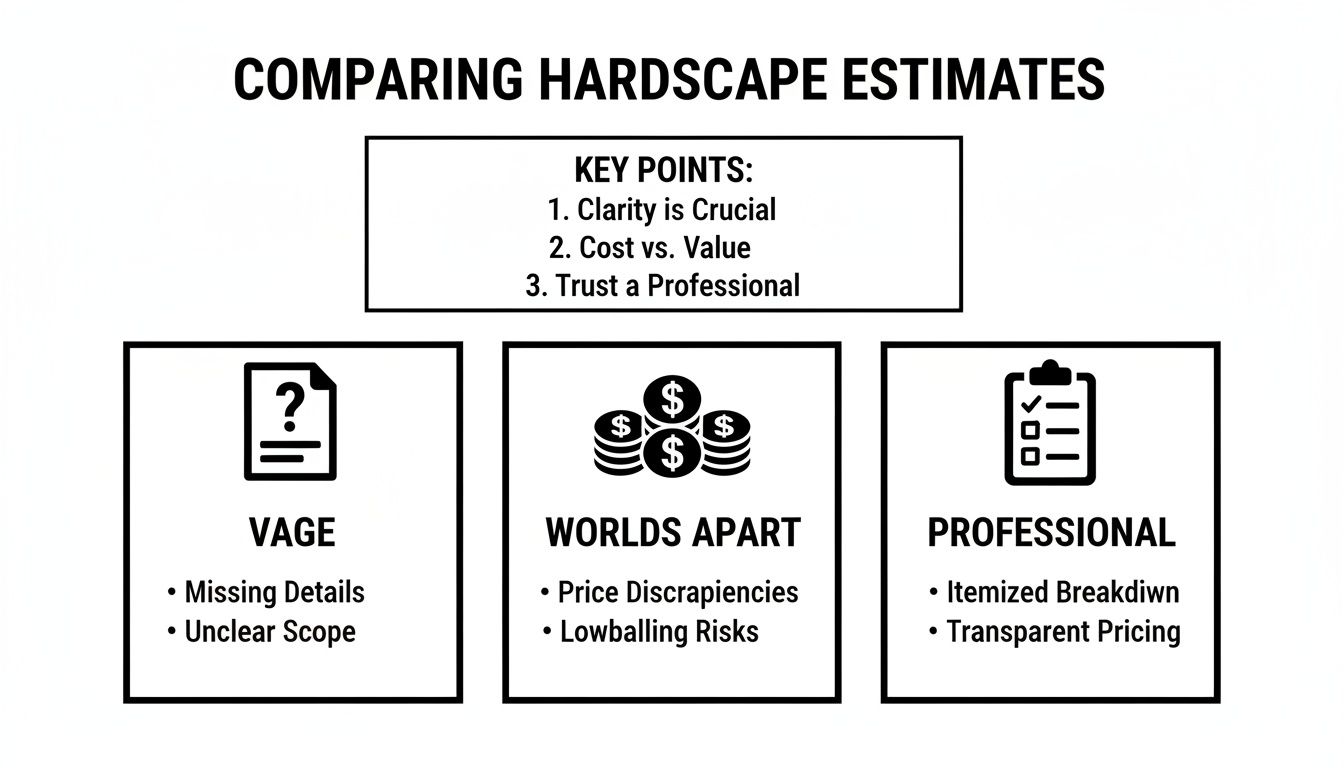 Infographic comparing different hardscape estimates: vague, disparate, and professional, with key comparison points.